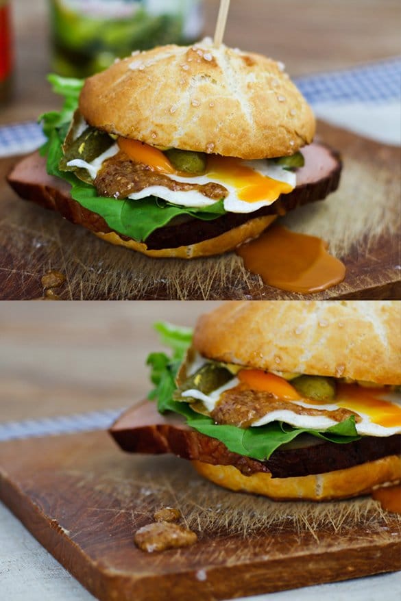 Bayrischer Leberkäs Burger mit Ei, Gurken und süßem Senf