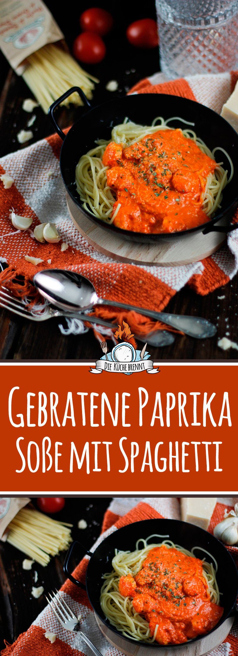 Spaghetti mit gebratener Paprika Soße und Shrimps
