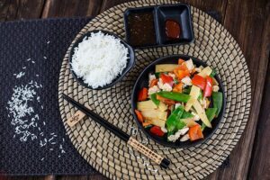 Hähnchen Gemüse Wok Rezept mit Paprika, Bambussprossen und Zuckerschoten