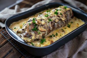 Braten mit Champignons und Käse