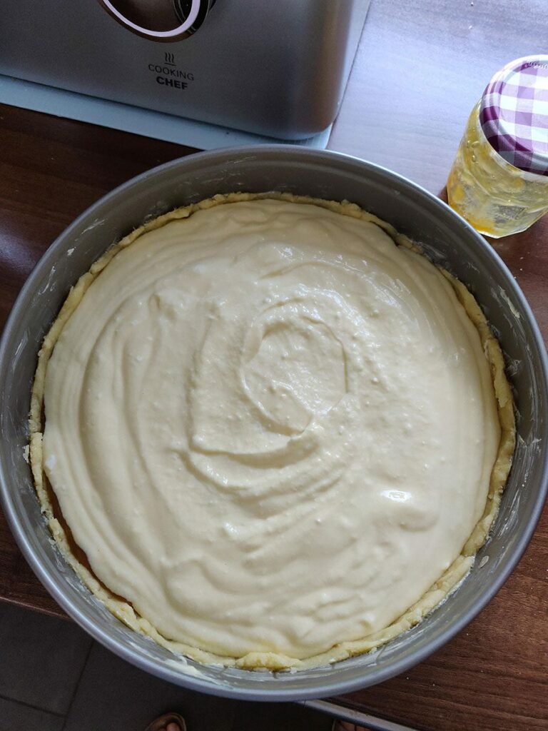 Käsekuchen Schichtkäse mit Marmelade 6 Quarkschicht drauf