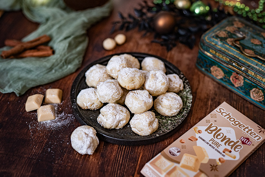 Schneeball Plätzchen mit weißer Schokolade 1 Schneeball Plätzchen mit Schokolade